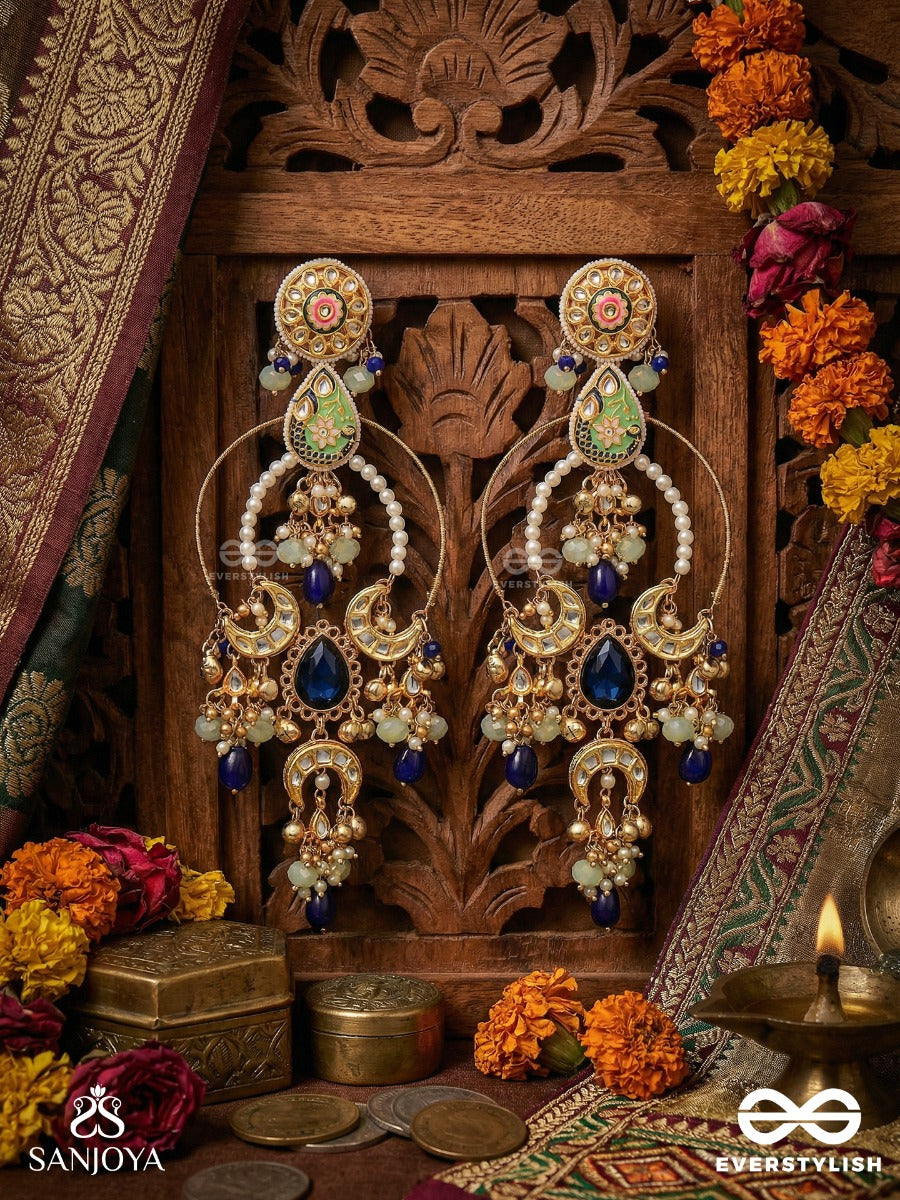 Ambarika - Sky-Born Beauty - Structured Chandelier Kashmiri Earrings With Hoop Frame And Deep Blue Drop Accents