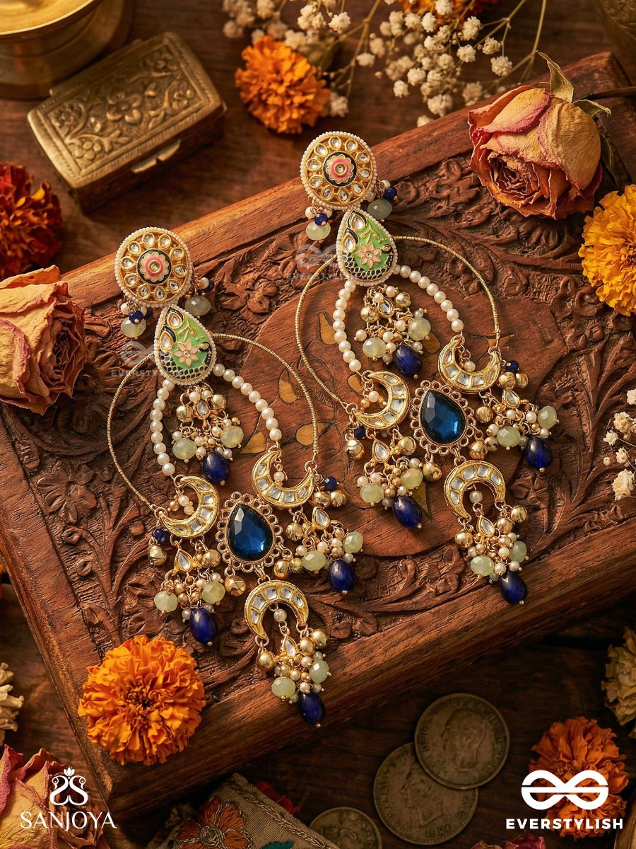 Ambarika - Sky-Born Beauty - Structured Chandelier Kashmiri Earrings With Hoop Frame And Deep Blue Drop Accents