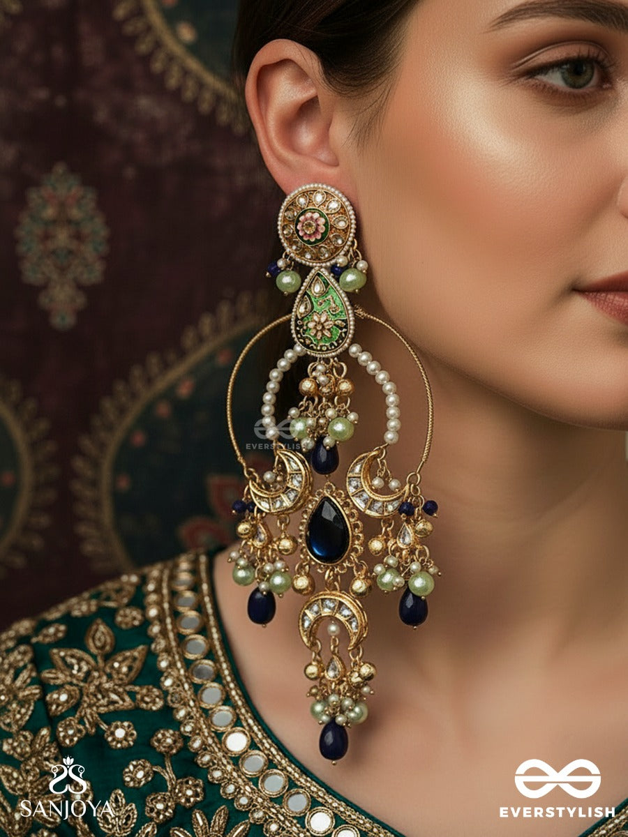 Ambarika - Sky-Born Beauty - Structured Chandelier Kashmiri Earrings With Hoop Frame And Deep Blue Drop Accents