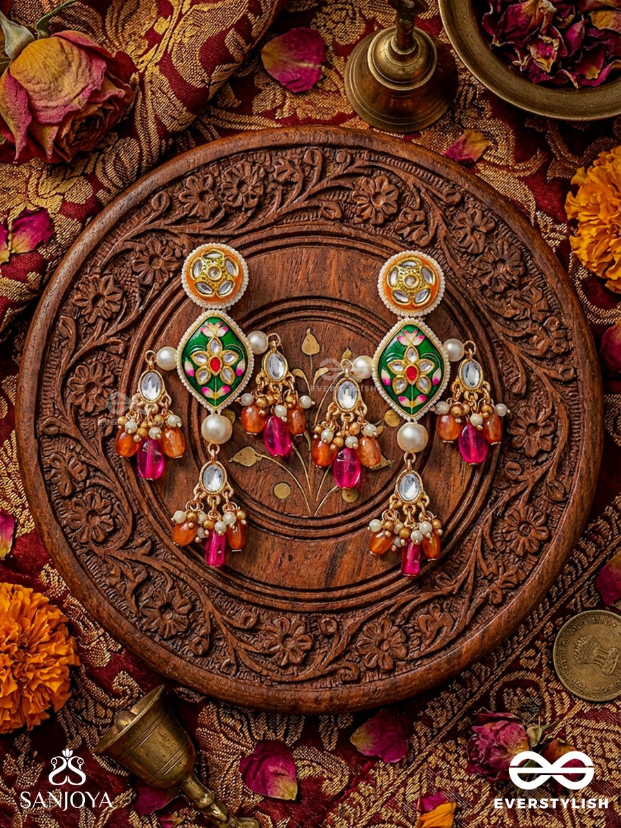 Manipushpita - Jewelled Bloom - Festive Earrings With Enamel Motif And Colourful Gem Drops