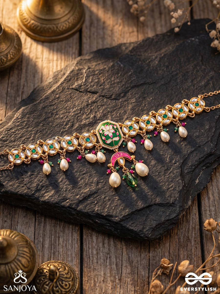 Prabhachandri - Radiant Moon - Statement Necklace With Decorative Medallion And Pearl Fringe