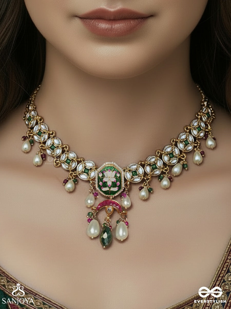 Prabhachandri - Radiant Moon - Statement Necklace With Decorative Medallion And Pearl Fringe