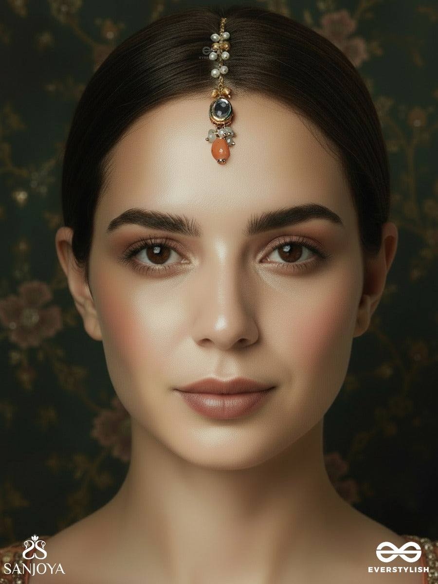 Tarangika - Little Wave - Ornamental Maangtika With Stone Medallion And Bead Accent