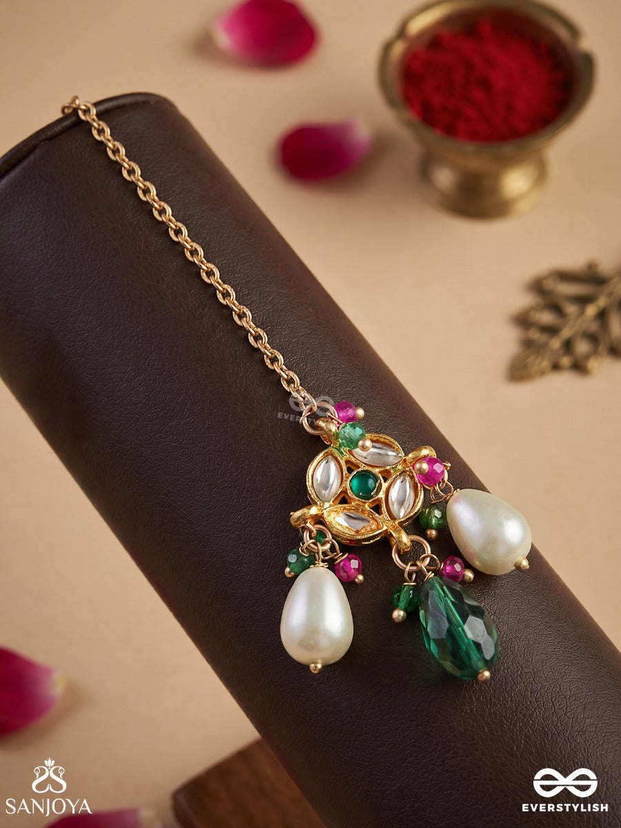 Pavitrika - Sacred Adornment - Delicate Maangtika With Gem Medallion And Pearl Drop Accents