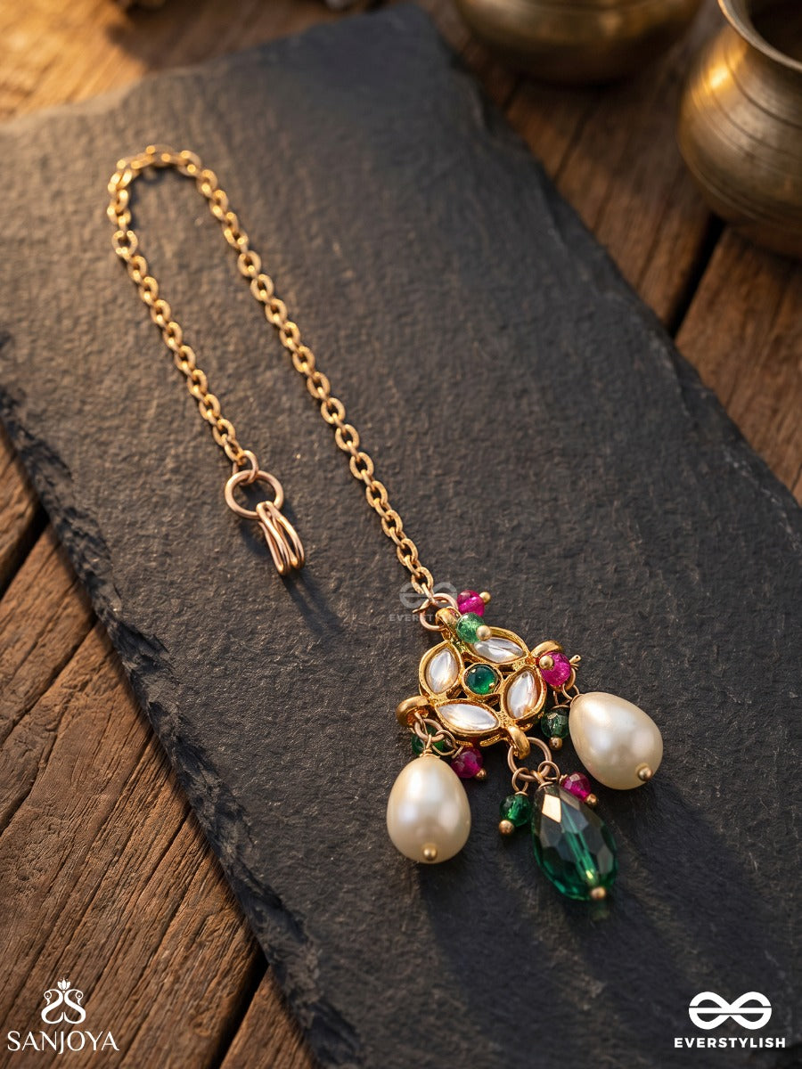 Pavitrika - Sacred Adornment - Delicate Maangtika With Gem Medallion And Pearl Drop Accents