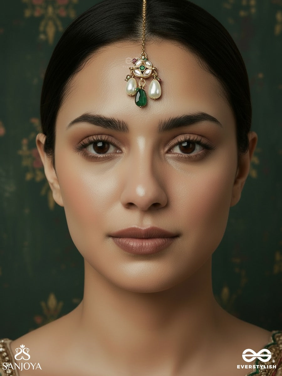 Pavitrika - Sacred Adornment - Delicate Maangtika With Gem Medallion And Pearl Drop Accents