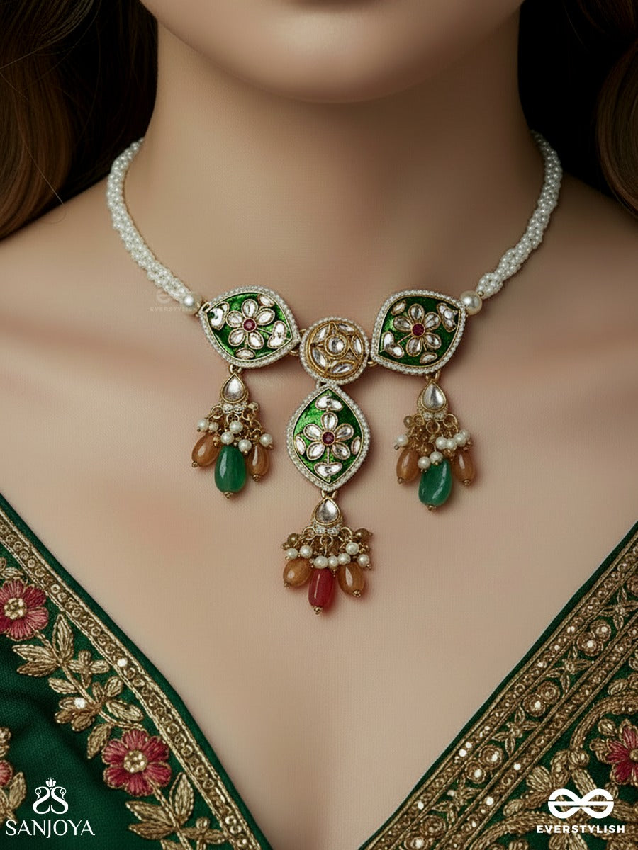 Manipushpita - Jewelled Bloom - Enamelled Necklace With Floral Gem Panels And Delicate Colourful Accents