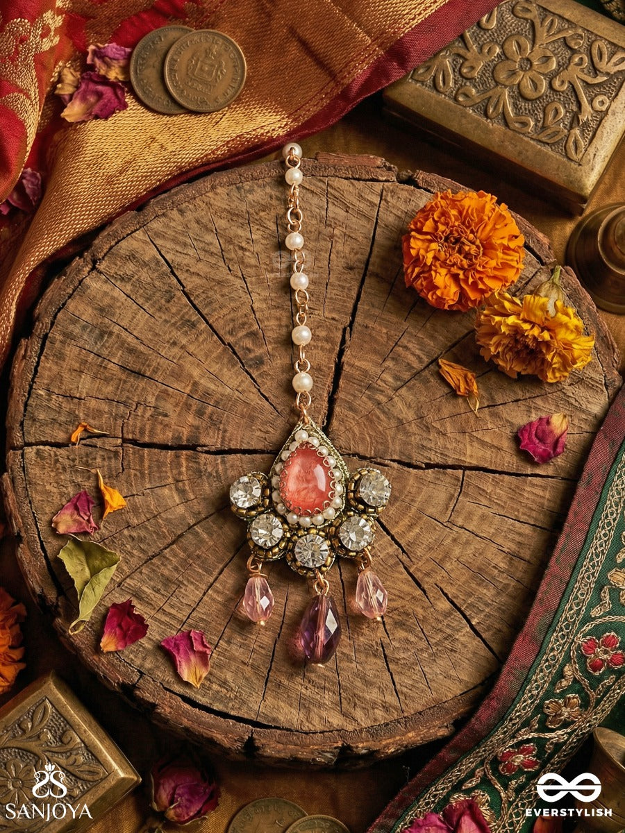 Chitraratna - Ornate Jewel - Decorative Maangtika With Gemmed Medallion, Floral Stone Cluster And Crystal Drop Accents