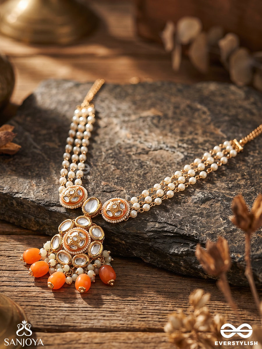 Padmavalli - Lotus Vine - Delicate Pearl Strand Necklace With Enamelled Motif And Drop Cluster