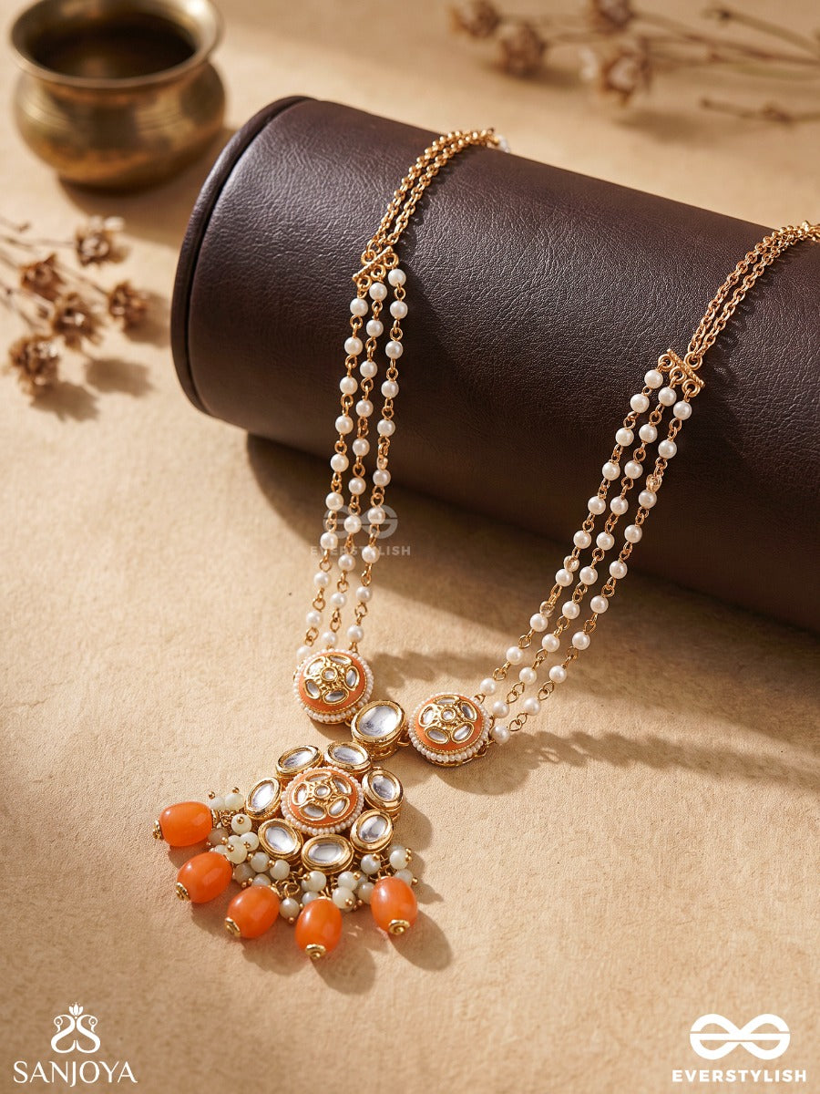 Padmavalli - Lotus Vine - Delicate Pearl Strand Necklace With Enamelled Motif And Drop Cluster