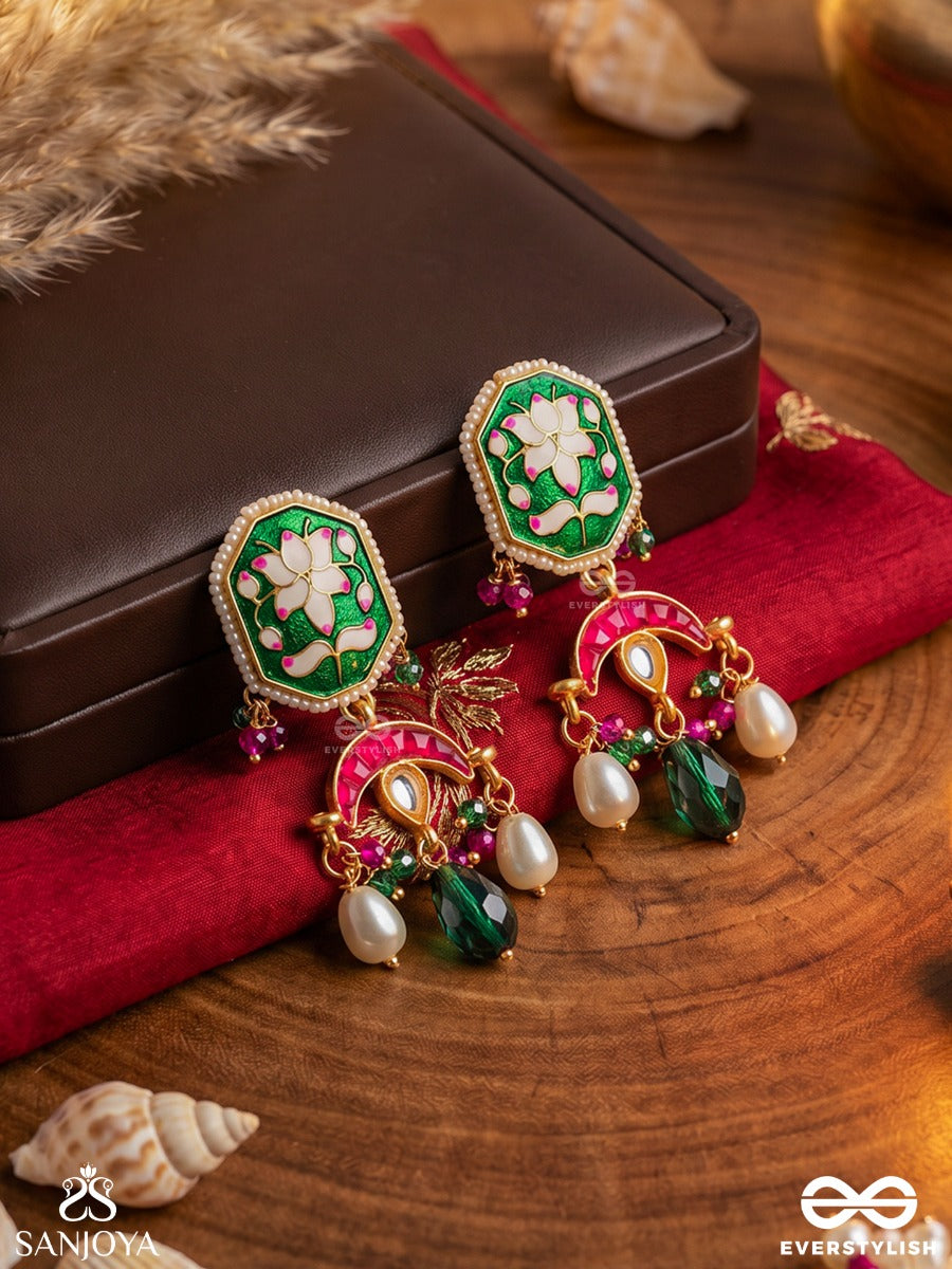 Prabhachandri - Radiant Moon - Ornate Earrings With Enamelled Bloom Panel And Pearl Drop Accents