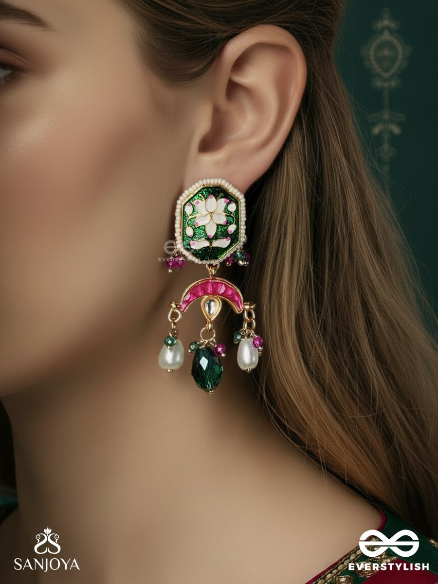 Prabhachandri - Radiant Moon - Ornate Earrings With Enamelled Bloom Panel And Pearl Drop Accents