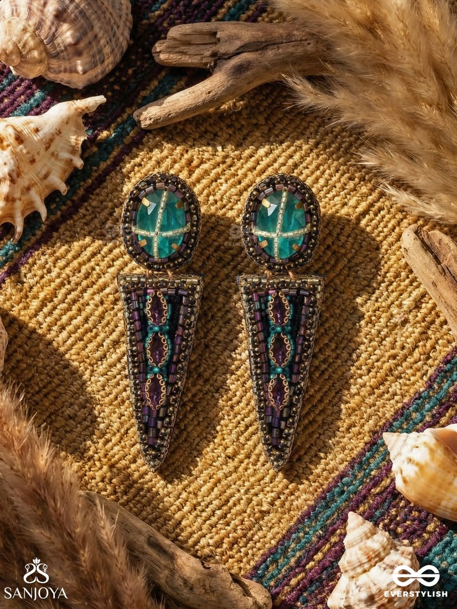 Manitara - Star Of Jewels - Statement Earrings With Turquoise Top Panel And Elongated Enamelled Drop Accent