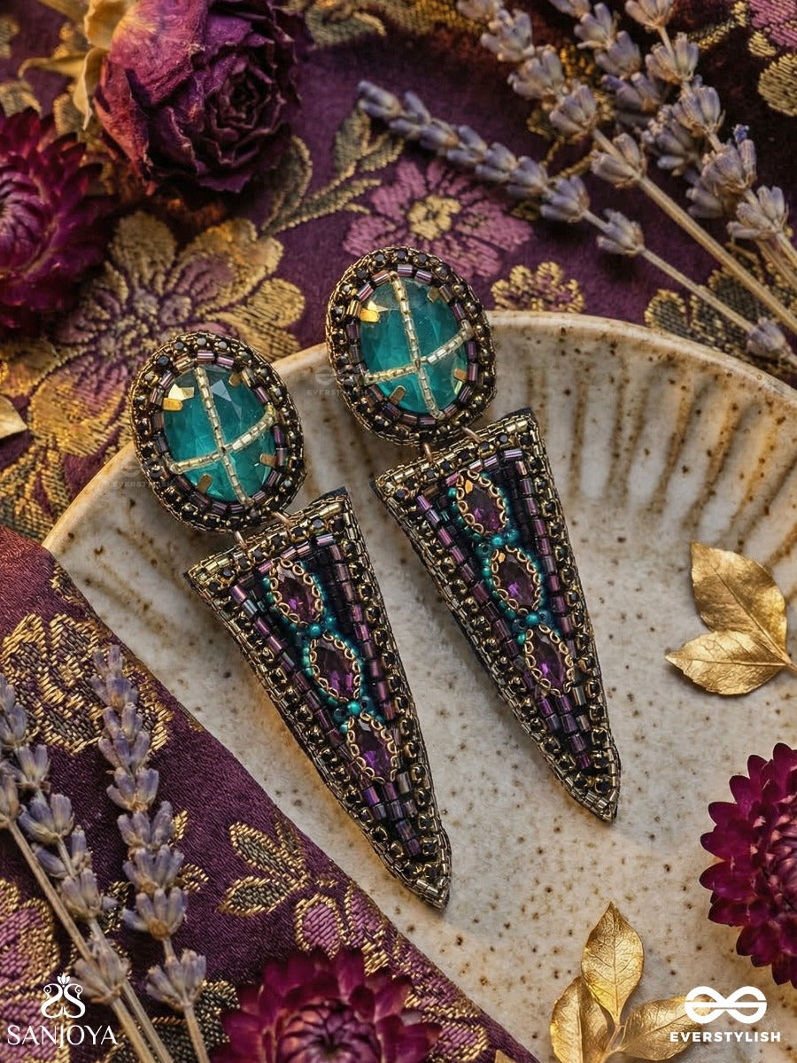 Manitara - Star Of Jewels - Statement Earrings With Turquoise Top Panel And Elongated Enamelled Drop Accent