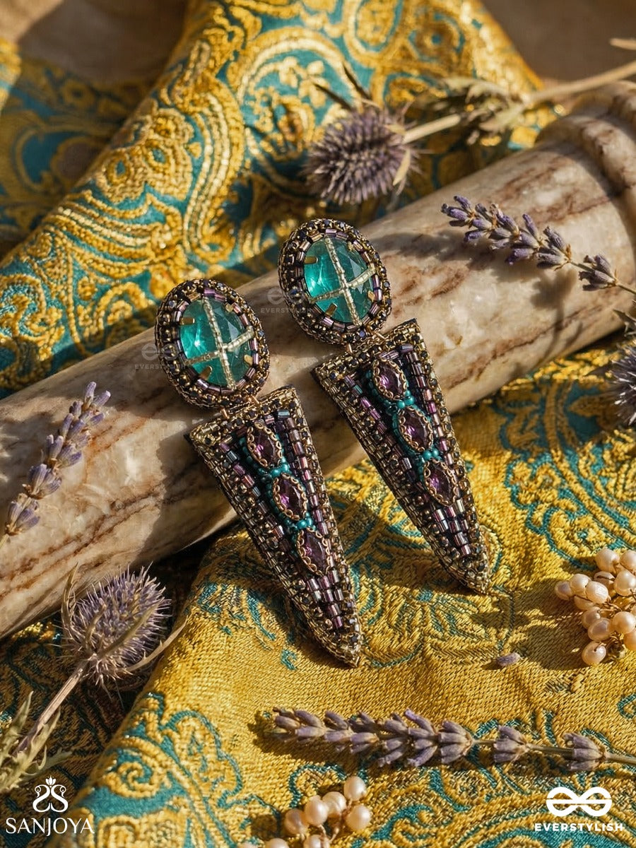 Manitara - Star Of Jewels - Statement Earrings With Turquoise Top Panel And Elongated Enamelled Drop Accent
