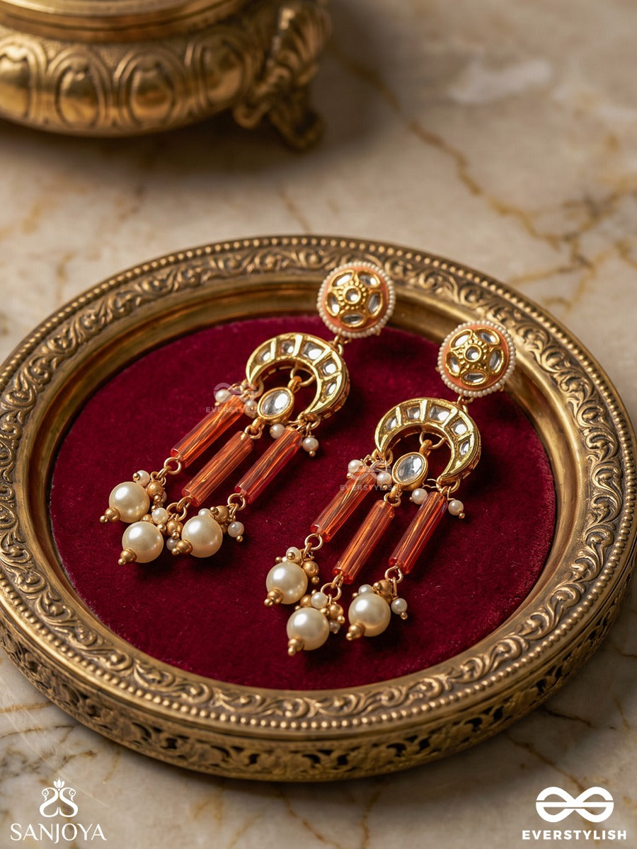 Tarachandri - Starry Moon - Ornate Earrings With Enamelled Medallion Top And Dangling Gem And Pearl Clusters