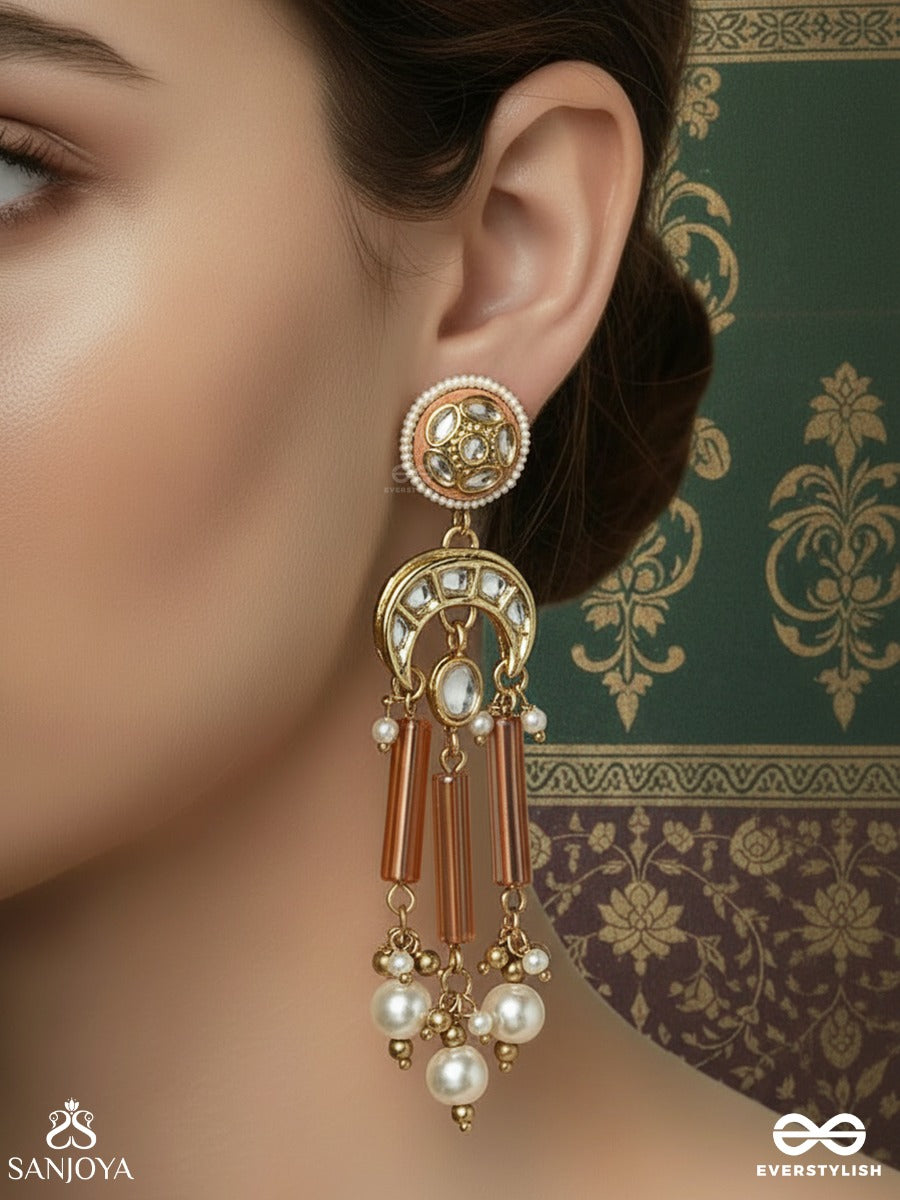 Tarachandri - Starry Moon - Ornate Earrings With Enamelled Medallion Top And Dangling Gem And Pearl Clusters