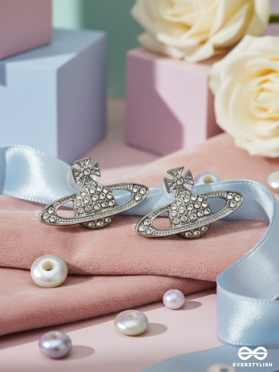 Saturn Spark - Silver Toned CZ Planet Stud Earrings