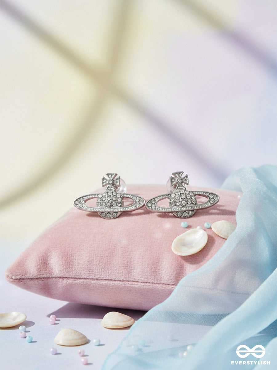 Saturn Spark - Silver Toned CZ Planet Stud Earrings