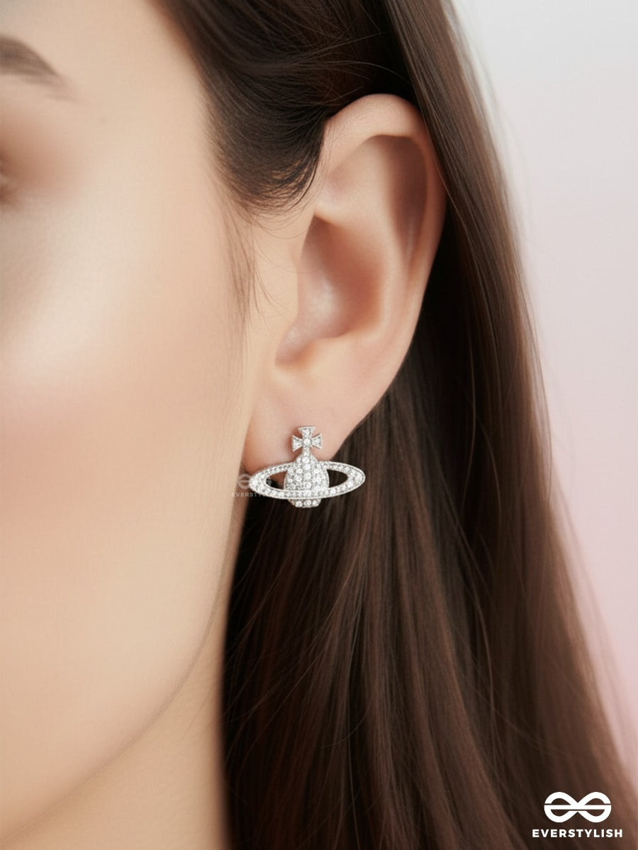 Saturn Spark - Silver Toned CZ Planet Stud Earrings