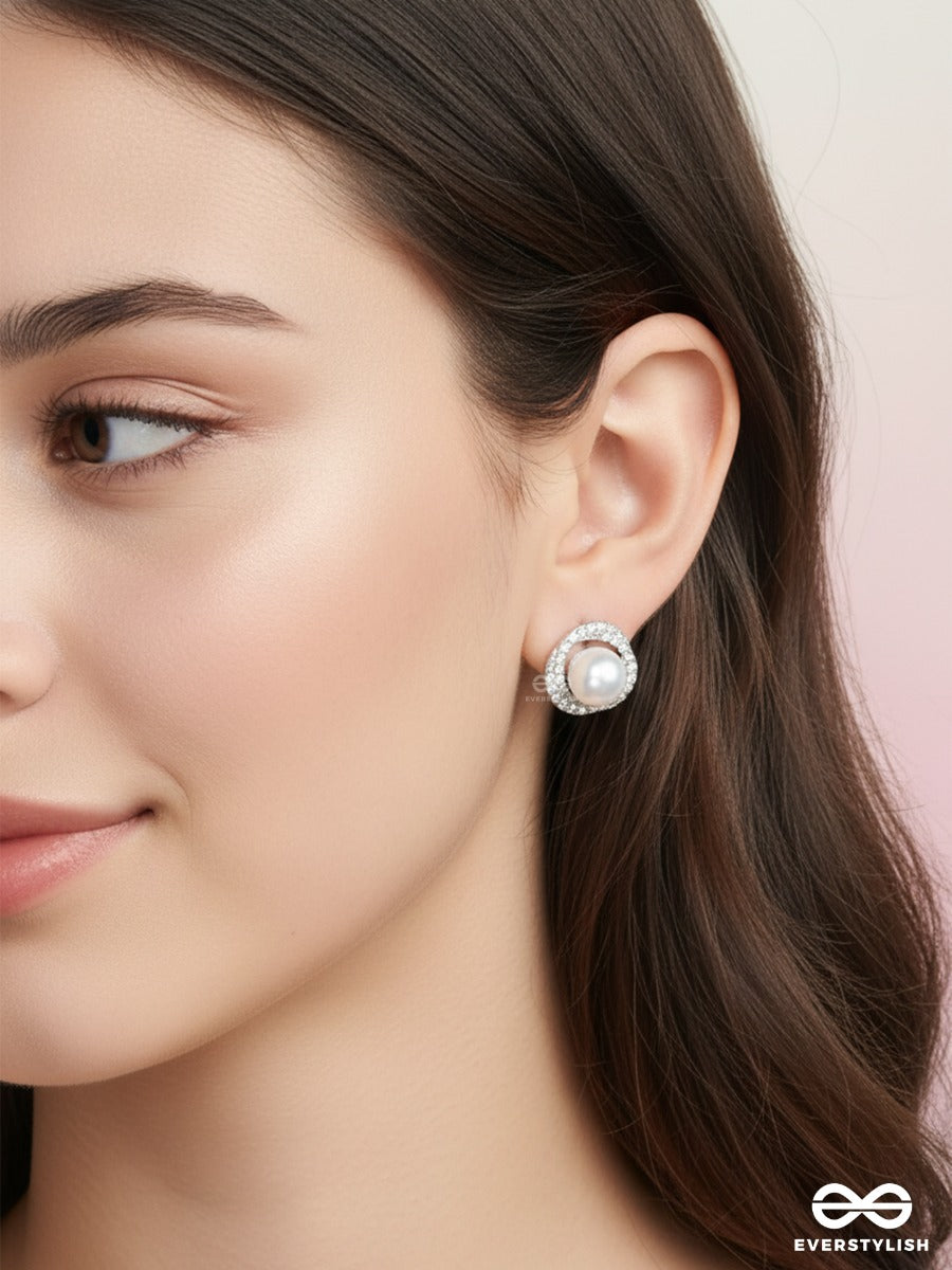 Milkstone Charm - Pearl Stud Earrings With CZ Accents