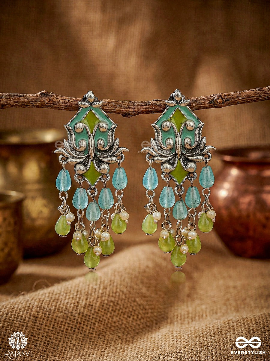 Lotus Cascade - Oxidised Beaded Statement Jodhpuri Jhumkas