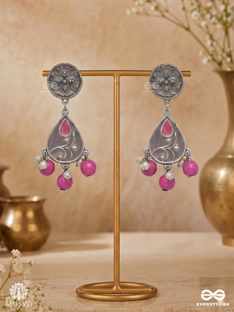 Amethyst Parade - Enamelled Oxidised Jodhpuri Jhumkas With Bead Drops