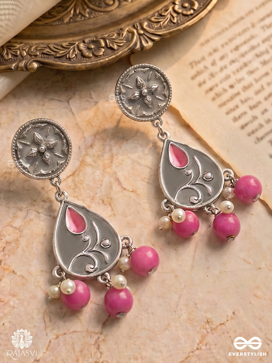 Amethyst Parade - Enamelled Oxidised Jodhpuri Jhumkas With Bead Drops