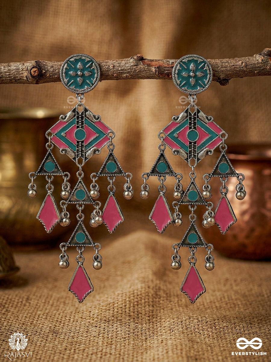 Saanj Caravan - Oxidised Earrings With Tribal Links And Drop Fringe