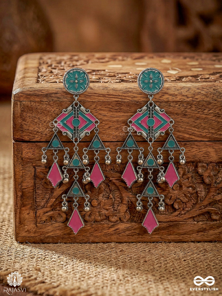 Saanj Caravan - Oxidised Earrings With Tribal Links And Drop Fringe