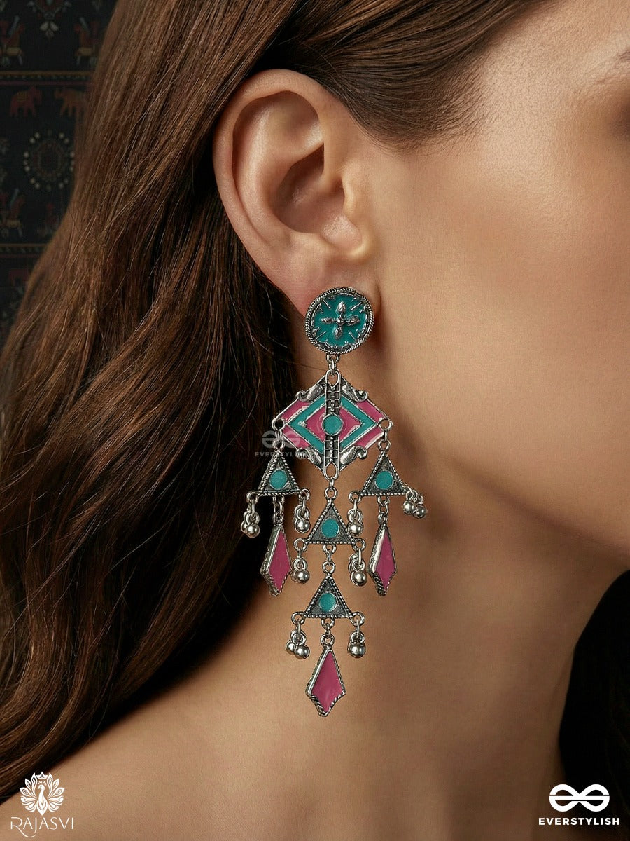 Saanj Caravan - Oxidised Earrings With Tribal Links And Drop Fringe