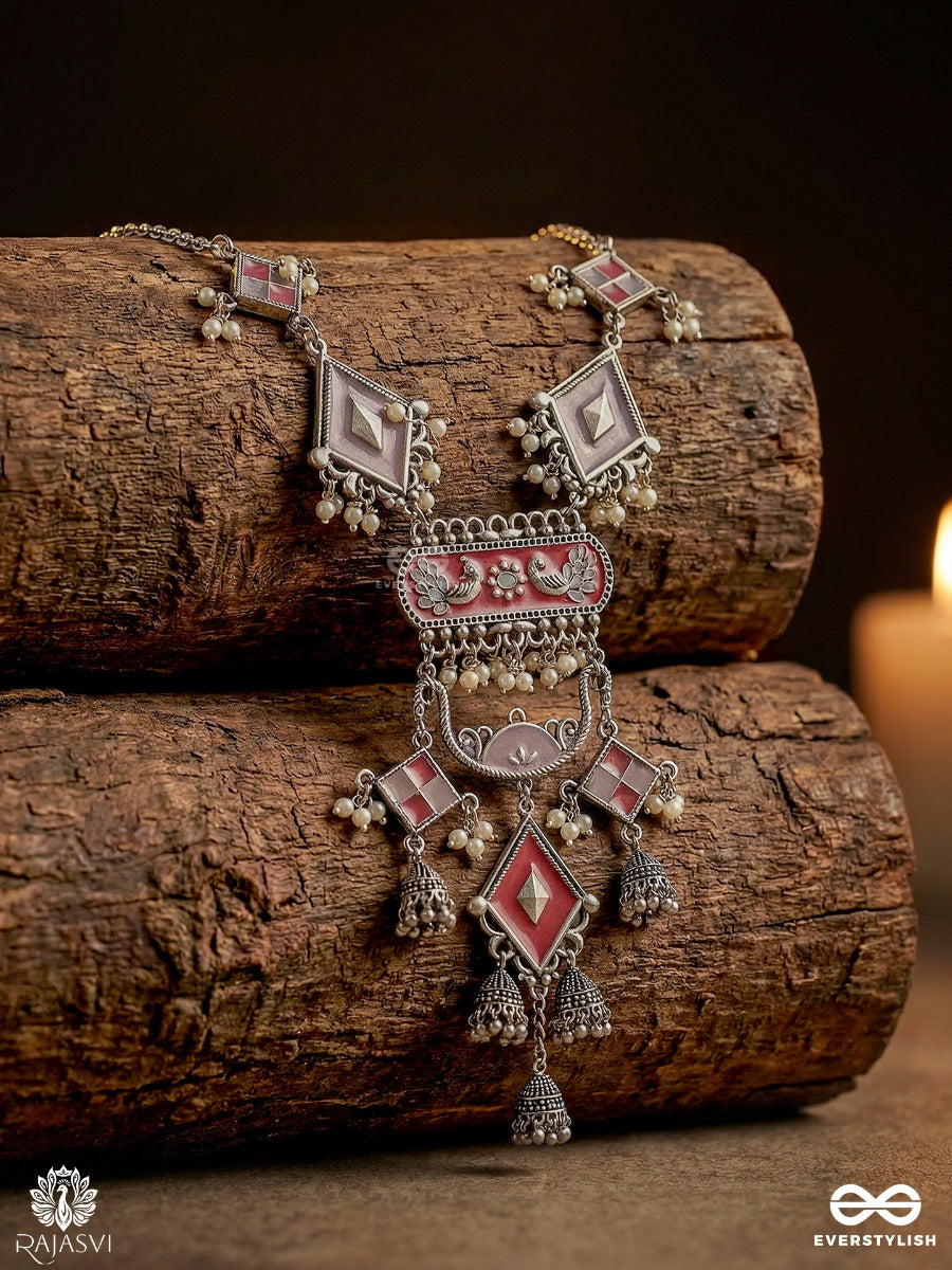 Kanchani - Oxidised Statement Necklace With Color Stones And Ornate Drop Fringe