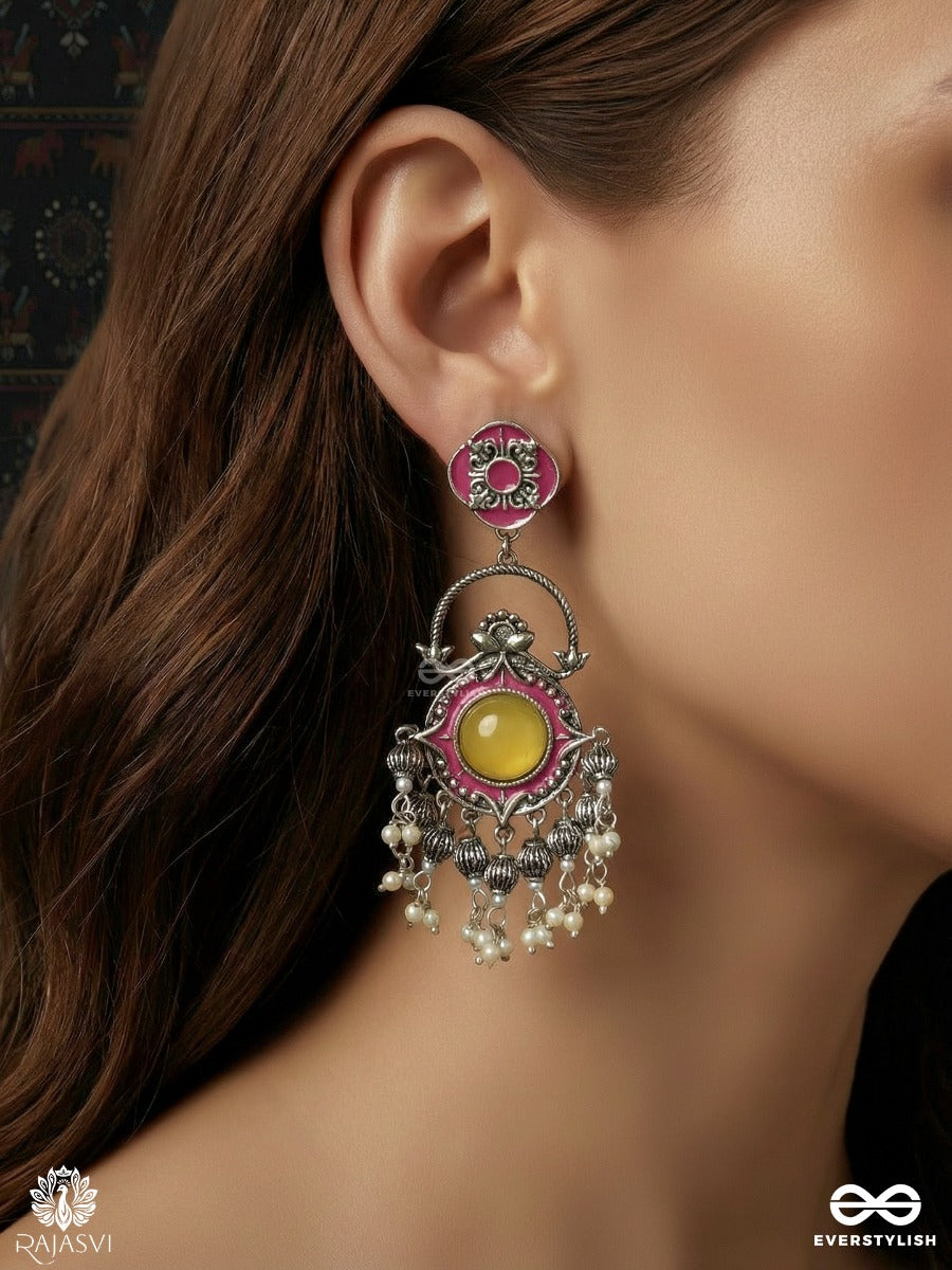 Kasturi Danglers - Oxidised Jodhpuri Jhumkas With Ornate Panel And Charm Chains