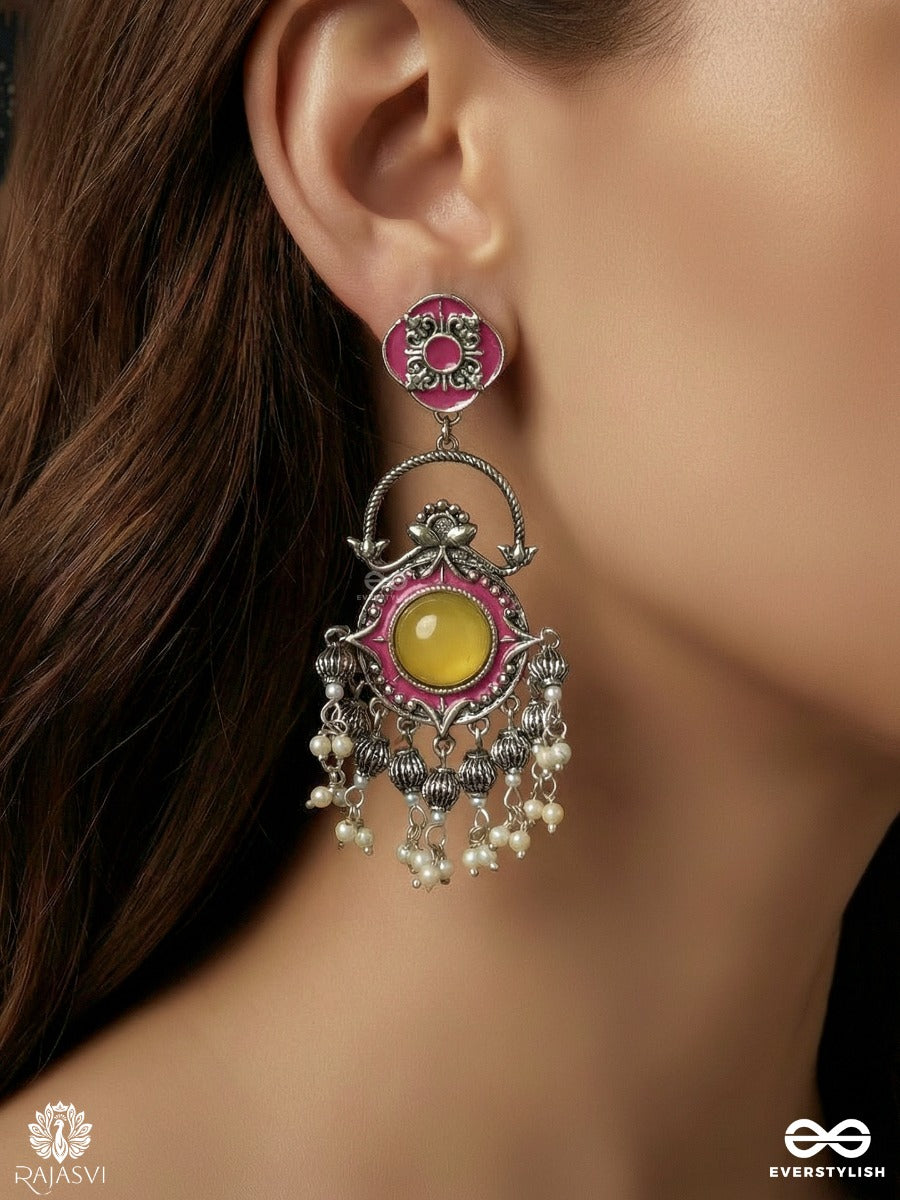 Kasturi Danglers - Oxidised Jodhpuri Jhumkas With Ornate Panel And Charm Chains