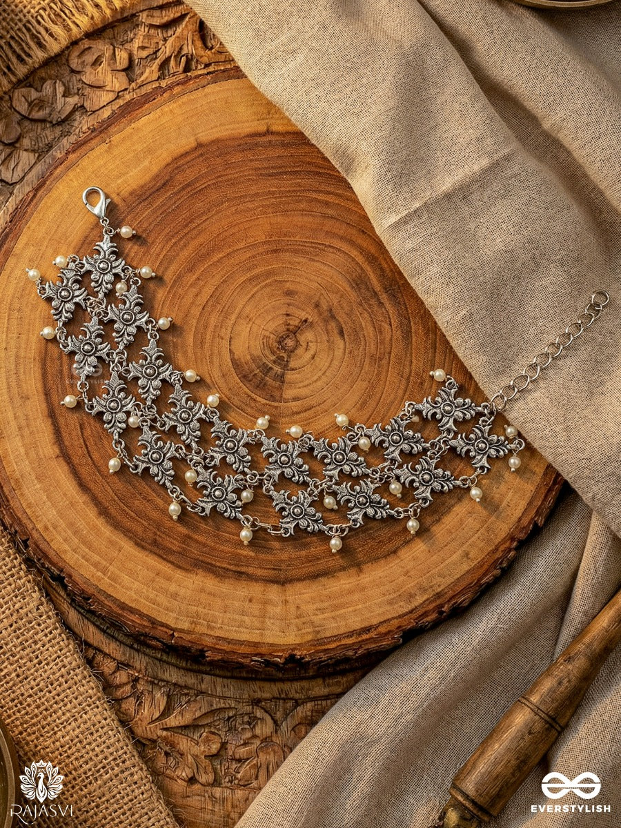 Guljaal - Oxidised Floral Lattice Bracelet With Pearl Tips