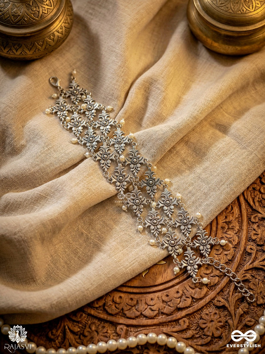 Guljaal - Oxidised Floral Lattice Bracelet With Pearl Tips