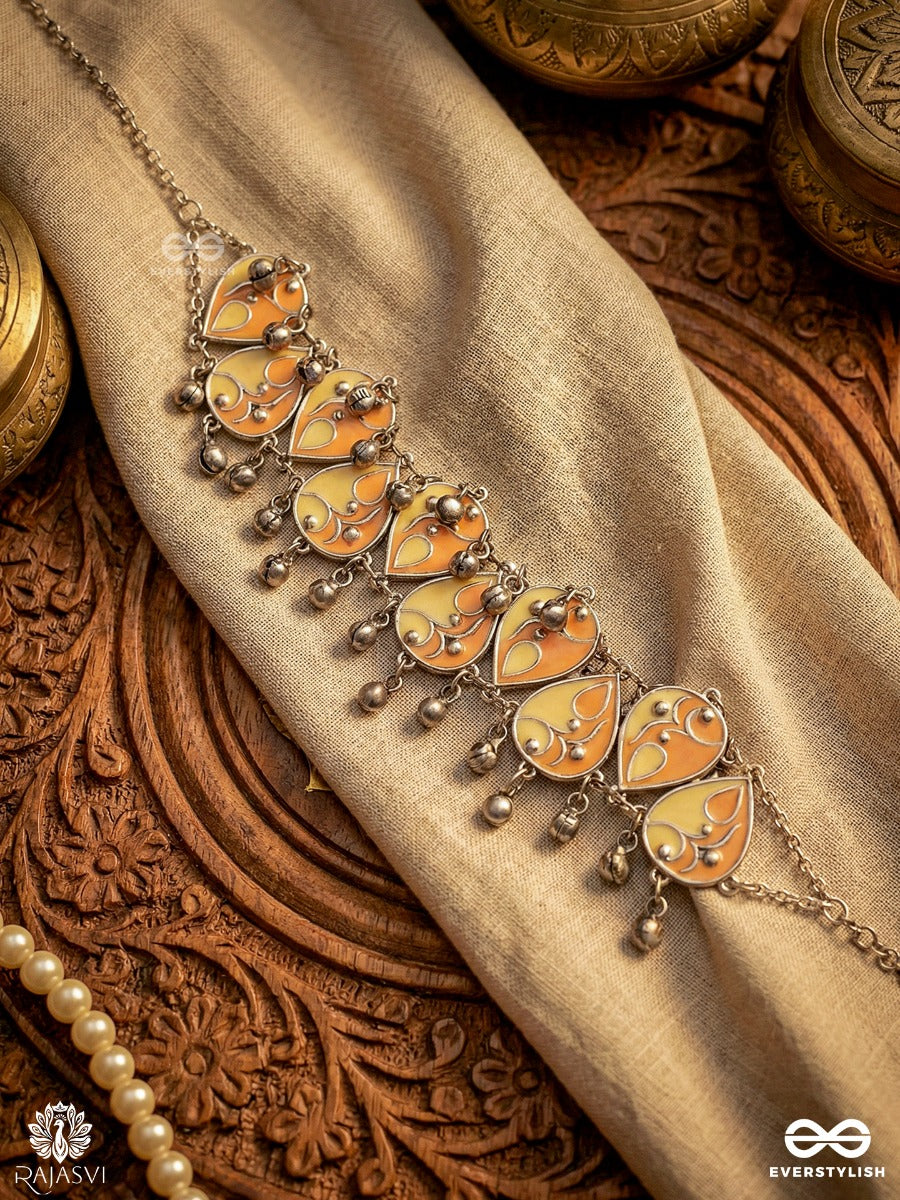 Kesar Kangan - Oxidised Bracelet With Enamel Heart Motifs And Dangling Bells