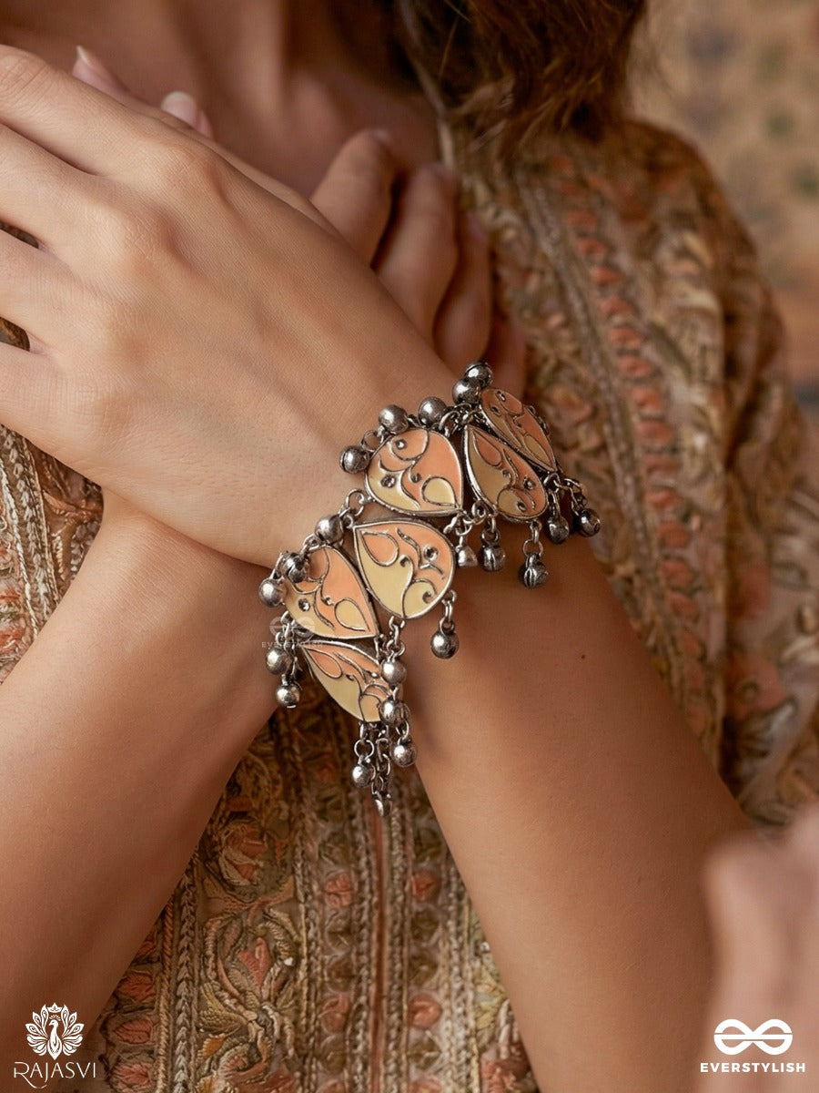 Kesar Kangan - Oxidised Bracelet With Enamel Heart Motifs And Dangling Bells
