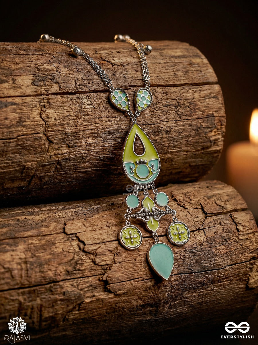 Amrit Lari - Enamelled Oxidised Necklace With Teardrop Centre And Dangling Charms