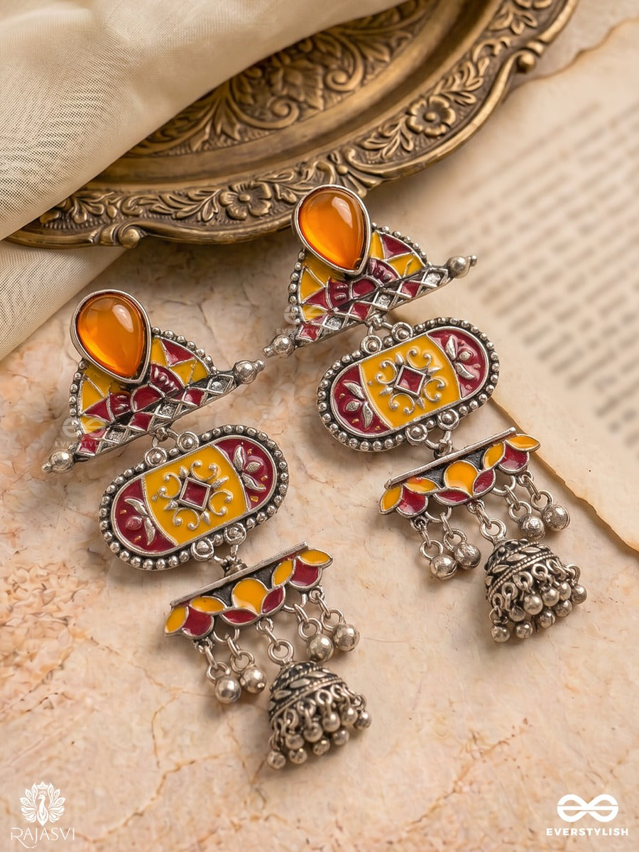 Ambar Baali - Oxidised Jodhpuri Jhumkas With Gem Stud And Ornate Panel Drop
