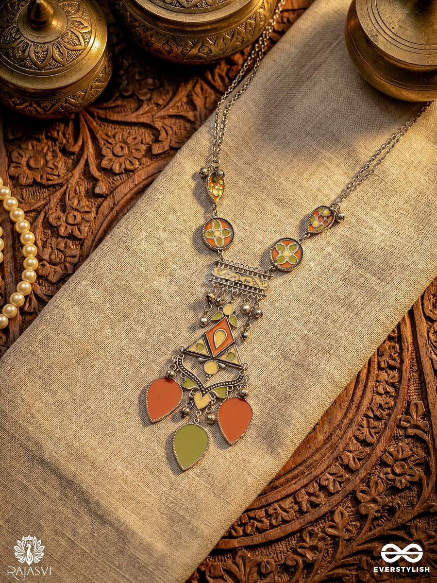 Raag Mandal - Oxidised Necklace With Color Stone Links And Ornate Drop Charms