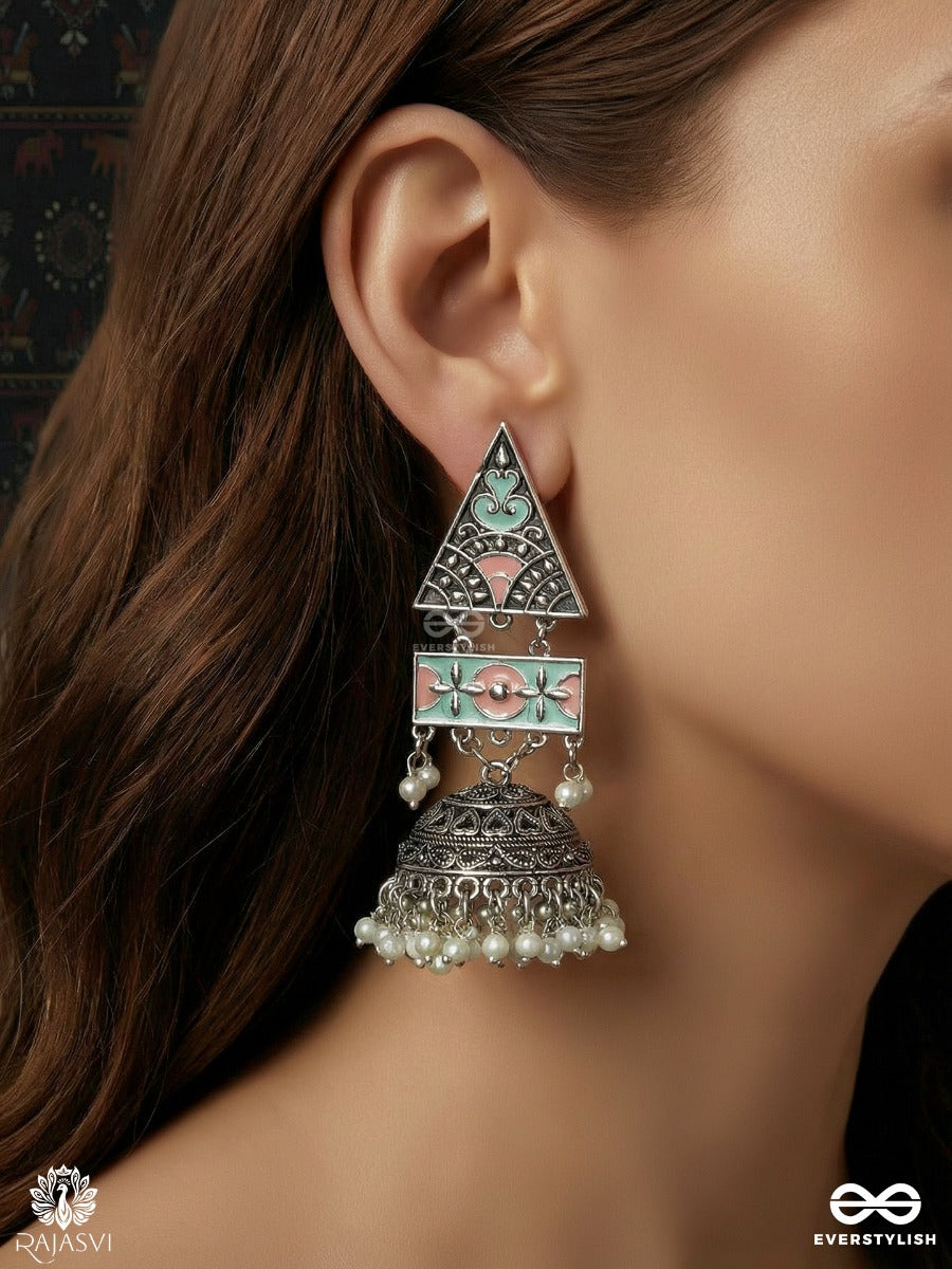 Trikona Jhumar - Oxidised Jodhpuri Jhumkas With Enamel Triangle Panel And Ornate Dome