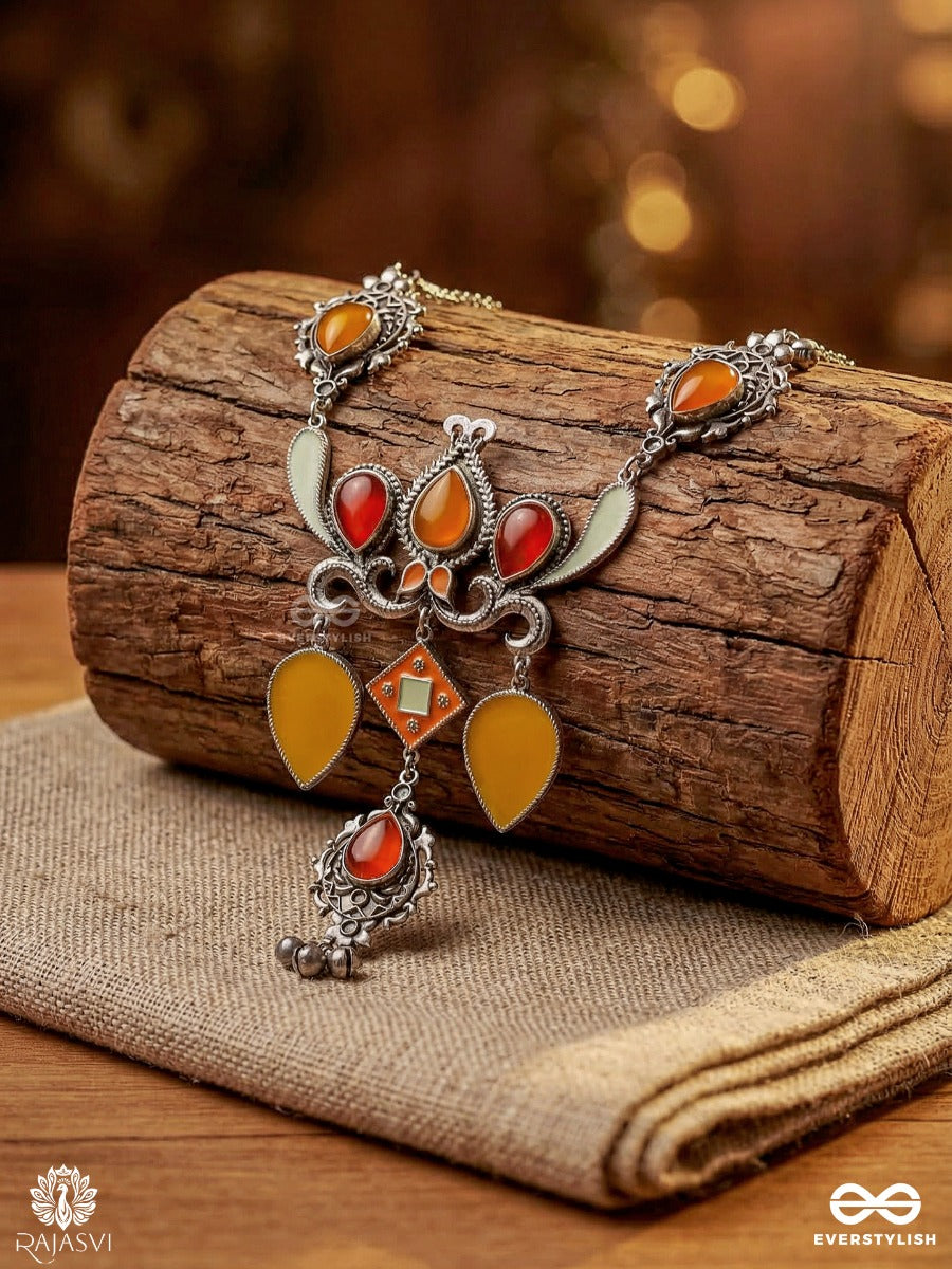 Sonchiraiya Ornament - Oxidised Necklace With Color Stones And Dangling Charms