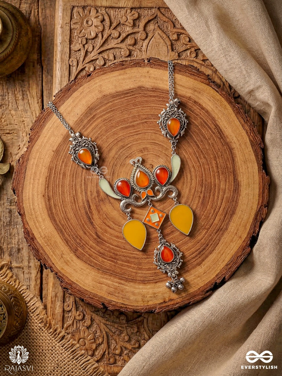 Sonchiraiya Ornament - Oxidised Necklace With Color Stones And Dangling Charms
