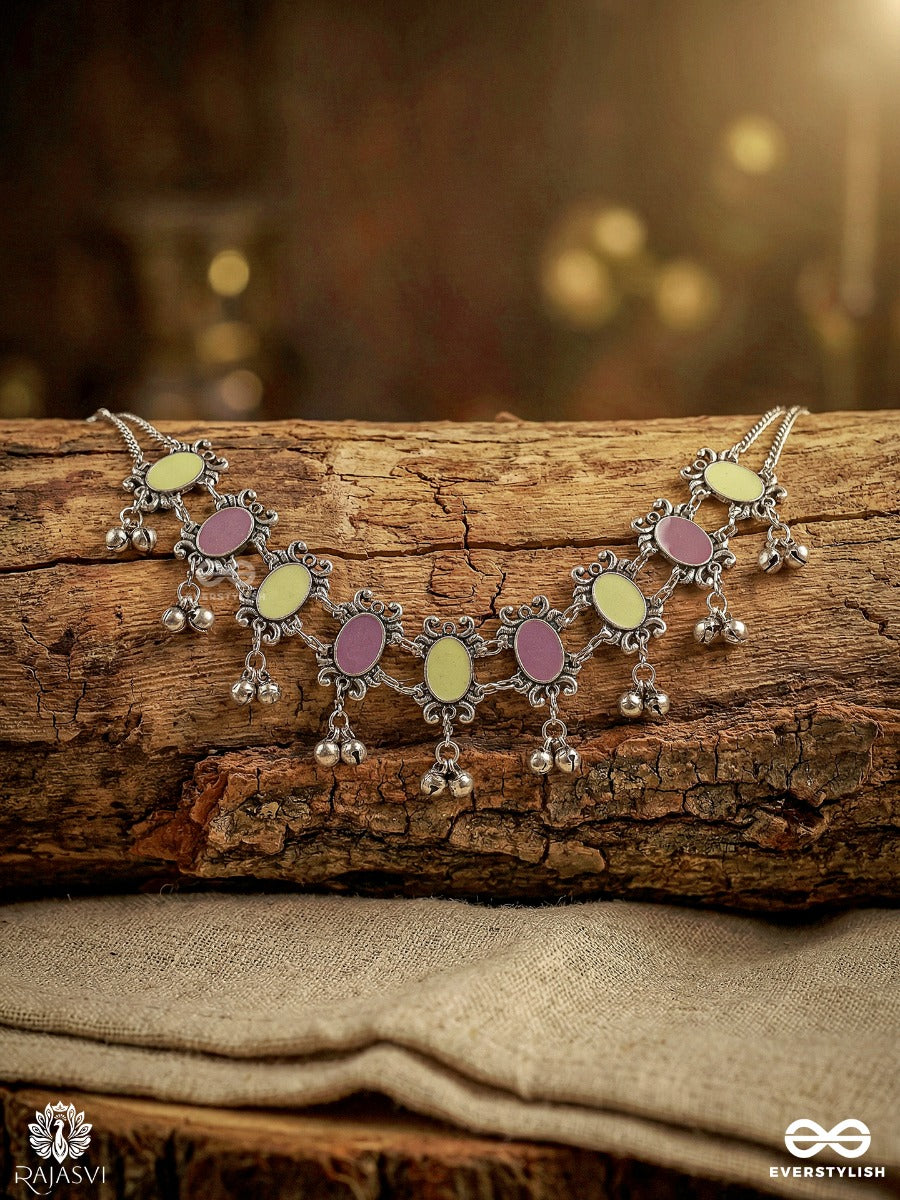 Rani Trinket - Oxidised Statement Necklace With Gem Panels And Ghungroo Danglers