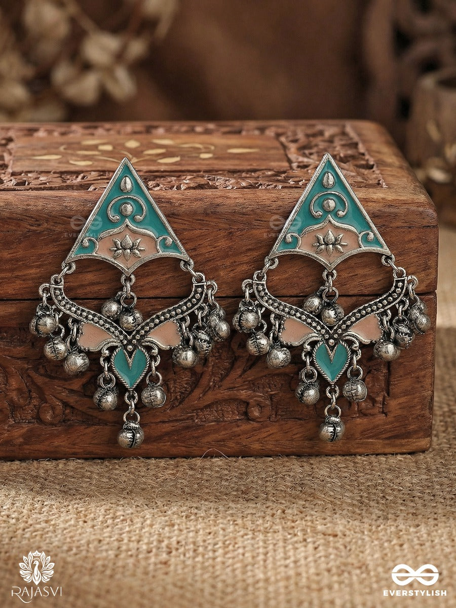 Saagar Latkan - Oxidised Earrings With Gem Motif And Drop Fringe