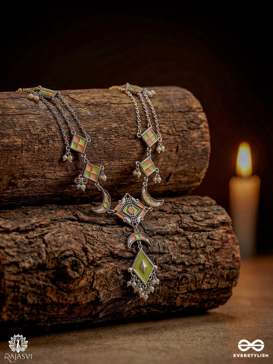Chaand Tilak - Enamelled Oxidised Necklace With Crescent Motifs And Gem Pendant