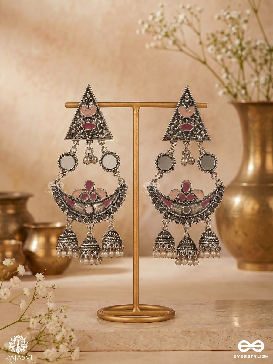 Sindoor Arc - Oxidised Earrings With Stone Inlay And Tribal Charm Drops