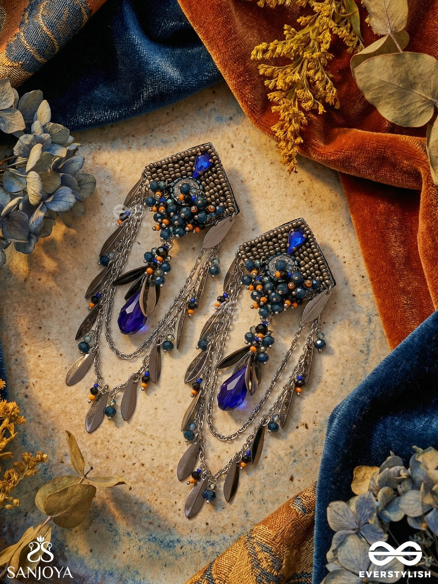 Tamraneela - Deep Blue Metal - Ornate Earrings With Textured Frame And Multi-Layered Danglers