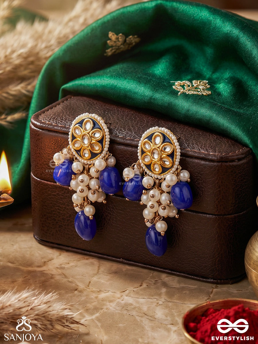 Nilotkarsh - Rise Of Blue - Statement Earrings With Floral Polki Top And Deep Blue Drop Accents